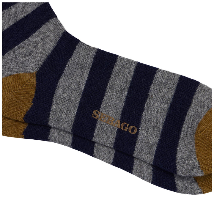 Socks Unisex SOLON RIGAL Quarter High Sock NAVY- GREY- YELLOW MUSTARD Dressed Front (jpg Rgb)	