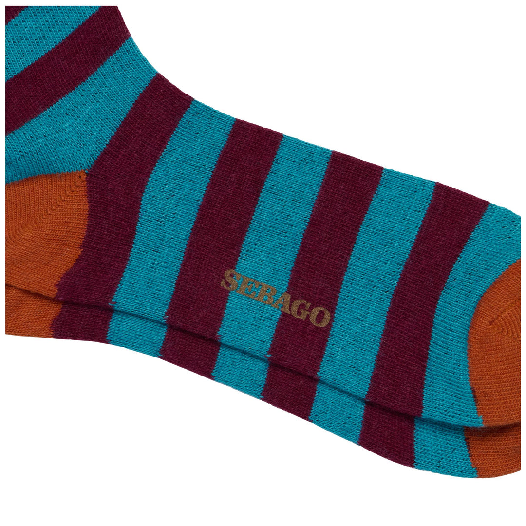 Socks Unisex SOLON RIGAL Quarter High Sock TURQUOISE-BORDEAUX-ORANGE Dressed Front (jpg Rgb)	