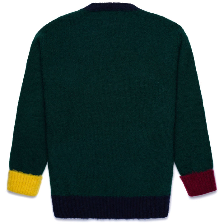 KNITWEAR Unisex SHAGGYDOG STRIPE SWEATER Jumper GREEN-BLUE-YELLOW-BORDEAUX Dressed Front (jpg Rgb)	