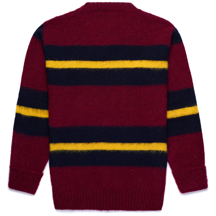 KNITWEAR Unisex SHAGGYDOG STRIPE SWEATER Jumper BORDEAUX-BLUE-YELLOW Dressed Front (jpg Rgb)	