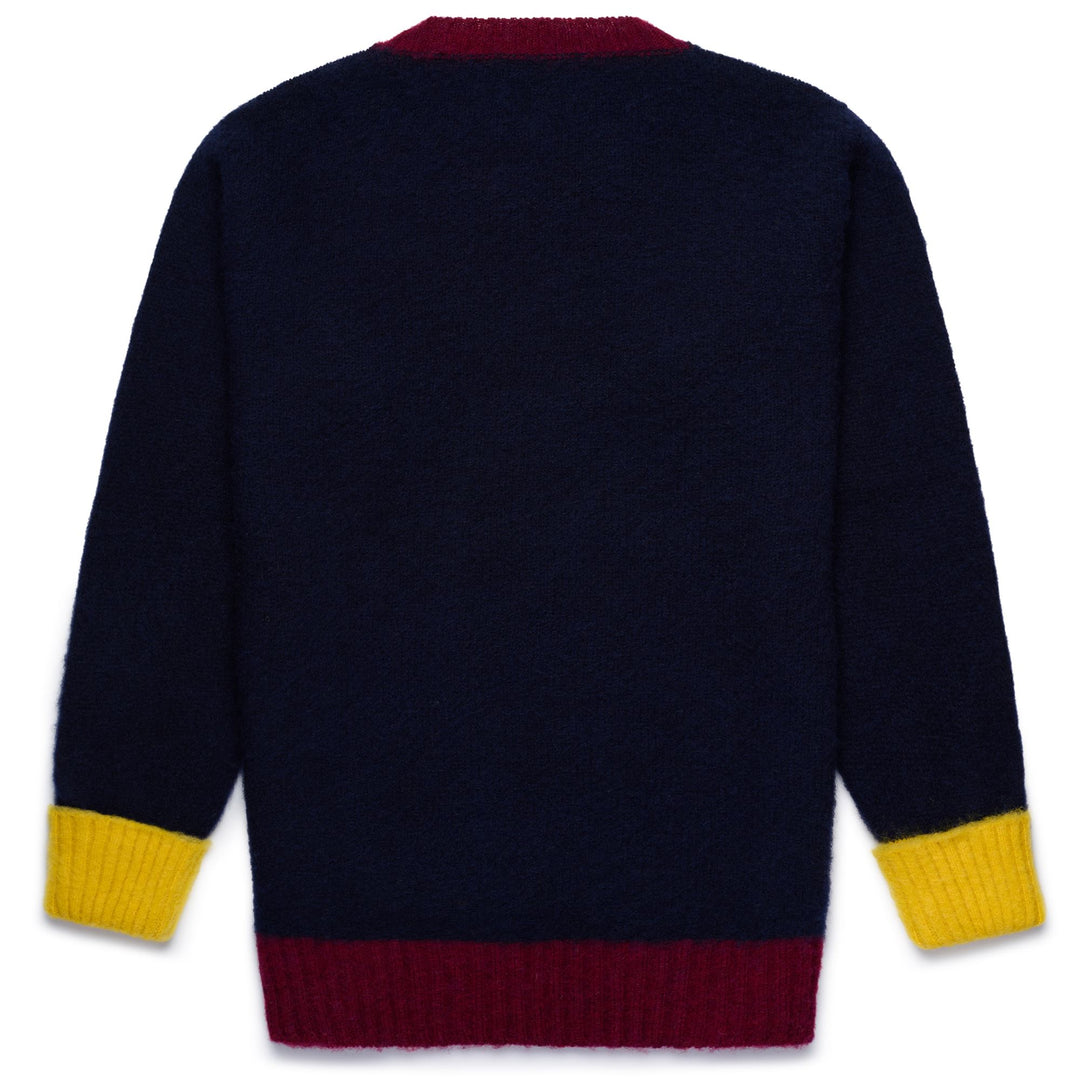 KNITWEAR Unisex SHAGGYDOG STRIPE SWEATER Jumper BLUE-BORDEAUX-YELLOW Dressed Front (jpg Rgb)	